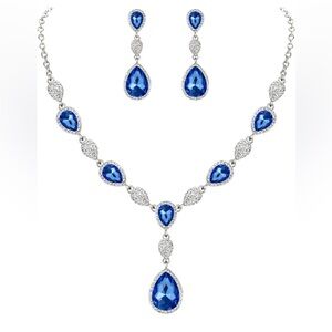 NIB!EleQueen Women Cubic Zirconia Teardrop Y-Necklaces Dangle Earrings Set